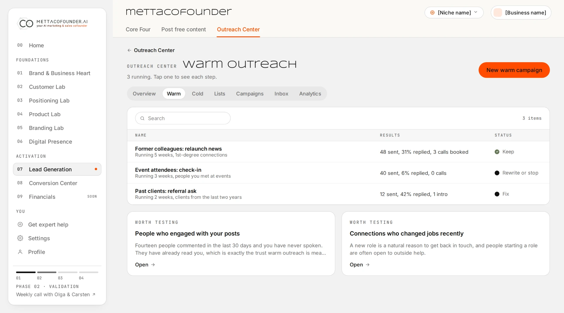 Outreach Center warm outreach view with three running campaigns, reply results and statuses like Keep, Rewrite or stop and Fix