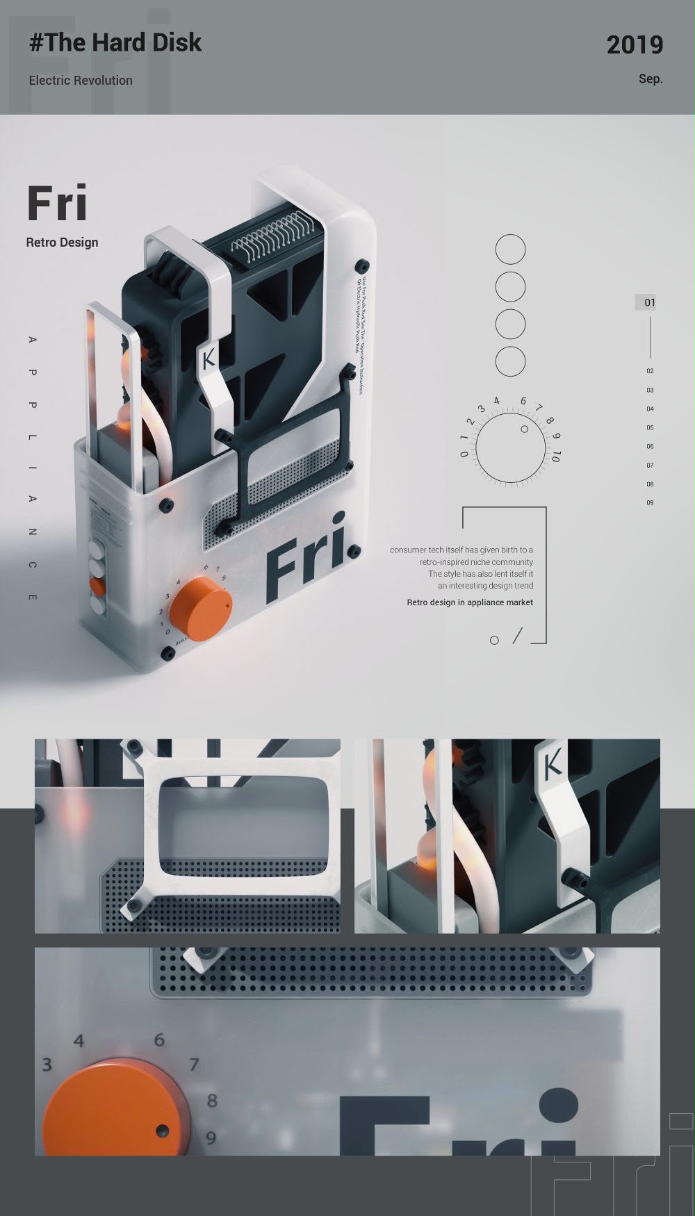 Retro-futurist hardware render with orange accents
