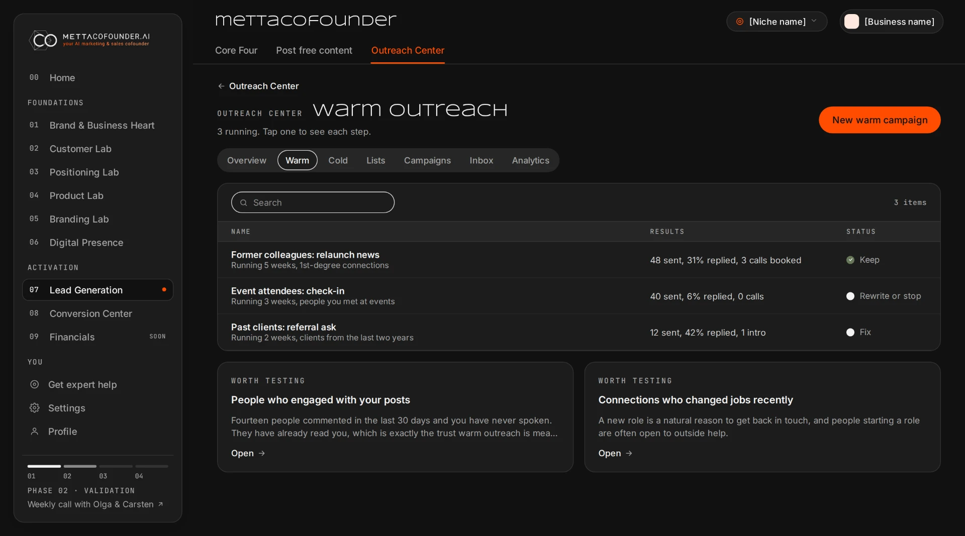 Outreach Center warm outreach view with three running campaigns, reply results and statuses like Keep, Rewrite or stop and Fix