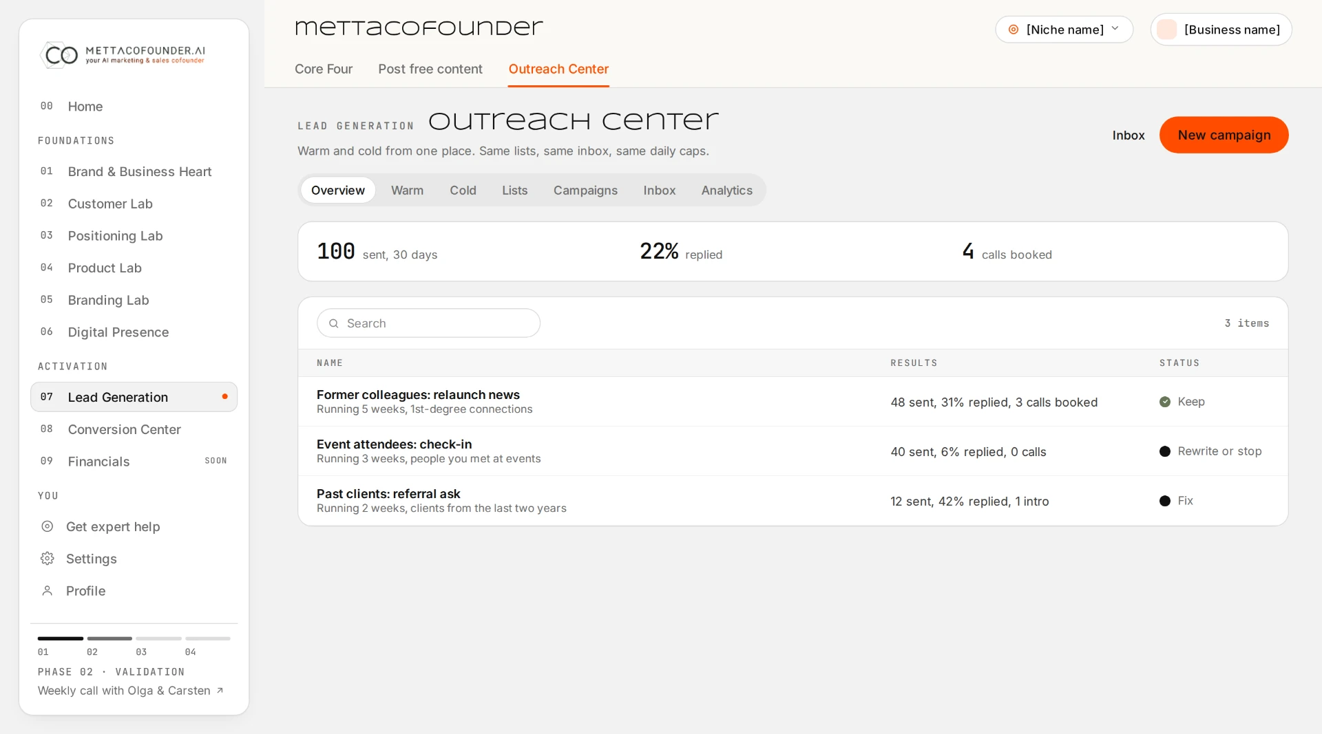Outreach Center overview with campaigns, response rates and booked calls