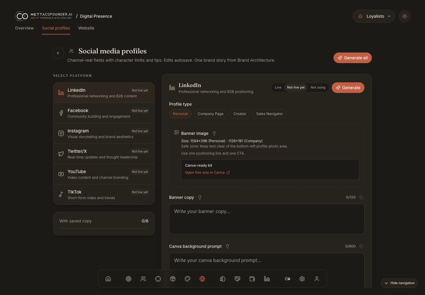 Digital Presence module showing the LinkedIn profile optimizer with headline and About drafts
