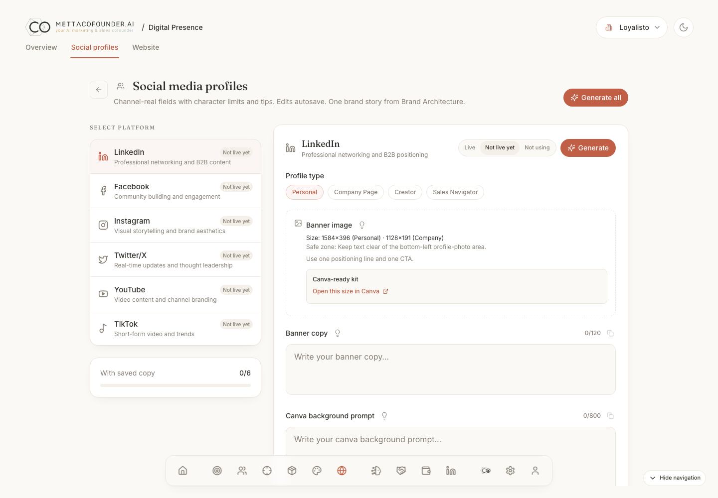 Digital Presence module showing the LinkedIn profile optimizer with headline and About drafts
