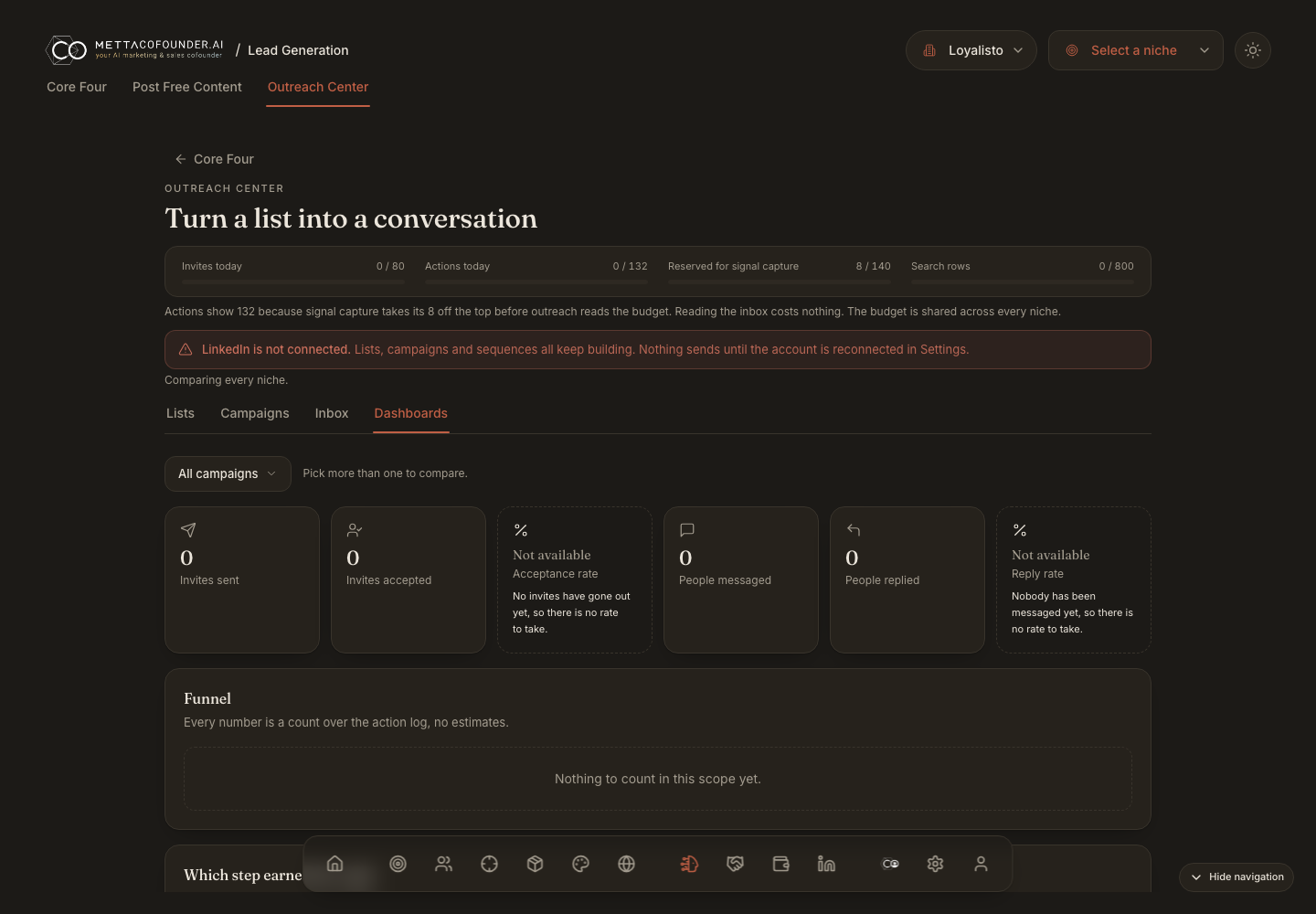 Lead Generation module showing the outreach queue with invites and messages to approve