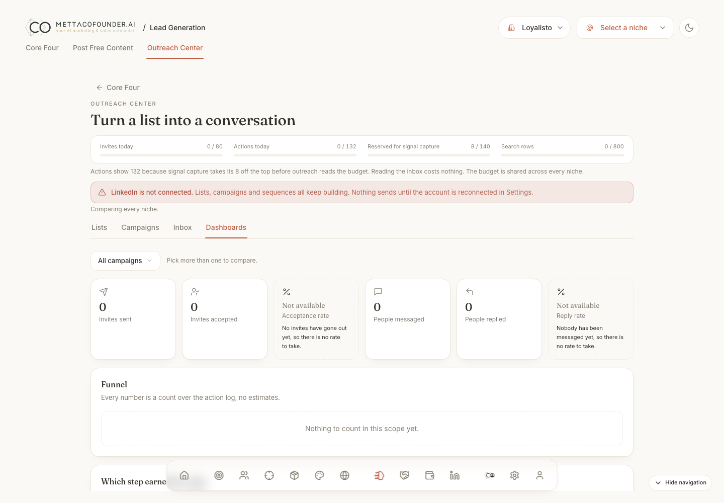 Lead Generation module showing the outreach queue with invites and messages to approve